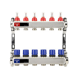  Коллекторная группа из нержавеющей стали DN 25-6 вых. G-3/4'', евроконус, с расходомерами, без дренажного крана и воздухоотводчика, VARMEGA VM15106 (930416004) со склада Проконсим в Ярославле