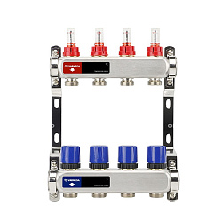  Коллекторная группа из нержавеющей стали DN 25-4 вых. G-3/4'', евроконус, с расходомерами, без дренажного крана и воздухоотводчика, VARMEGA VM15104 (930416002) со склада Проконсим в Ярославле